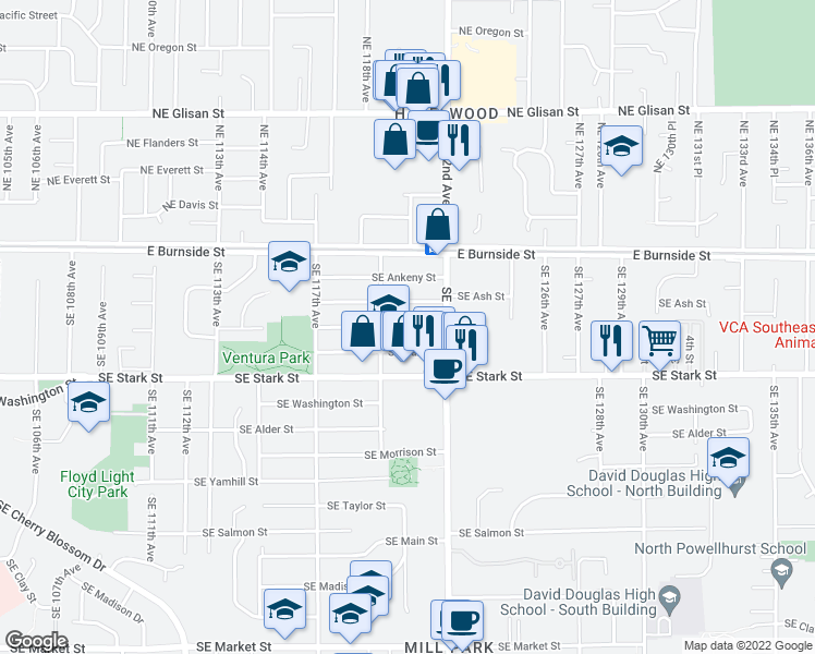 map of restaurants, bars, coffee shops, grocery stores, and more near 11929 Southeast Pine Street in Portland