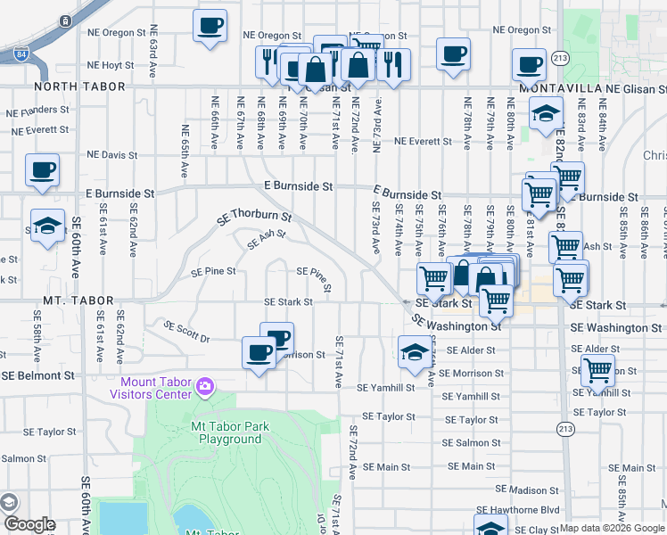 map of restaurants, bars, coffee shops, grocery stores, and more near 7023 Southeast Pine Street in Portland