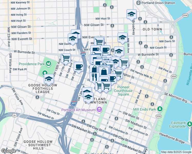 map of restaurants, bars, coffee shops, grocery stores, and more near in Portland