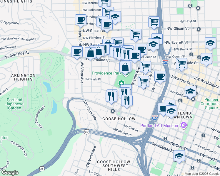 map of restaurants, bars, coffee shops, grocery stores, and more near 2020 Southwest Salmon Street in Portland