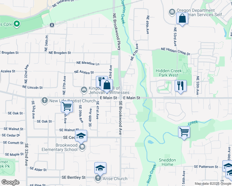 map of restaurants, bars, coffee shops, grocery stores, and more near 105 Northeast Brookwood Parkway in Hillsboro