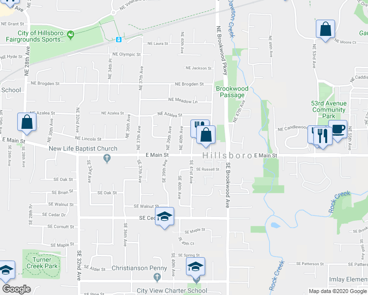 map of restaurants, bars, coffee shops, grocery stores, and more near 113 Northeast 41st Avenue in Hillsboro