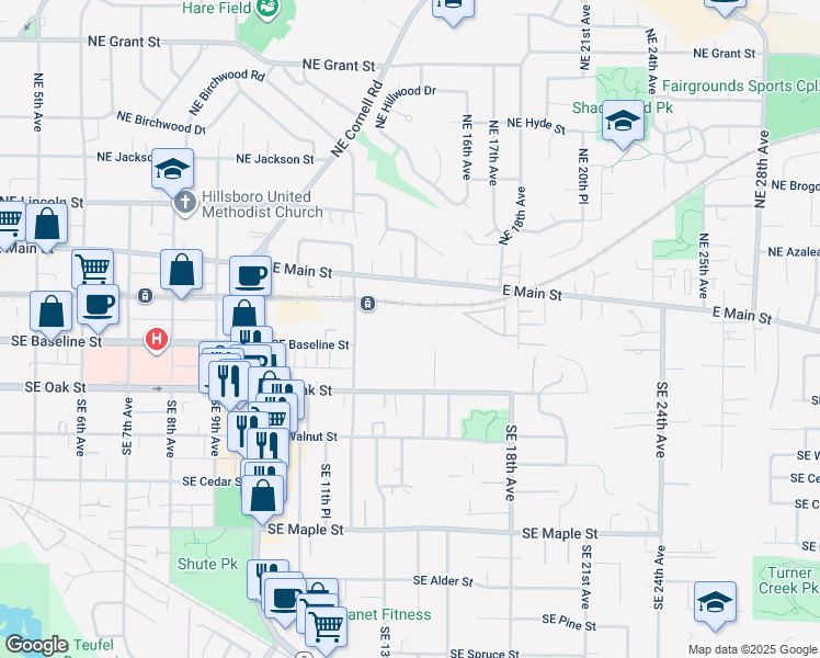 map of restaurants, bars, coffee shops, grocery stores, and more near 220 Southeast 12th Avenue in Hillsboro