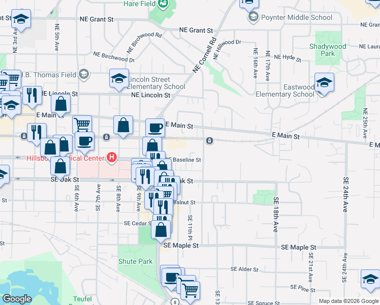 map of restaurants, bars, coffee shops, grocery stores, and more near 1133 Southeast Baseline Street in Hillsboro