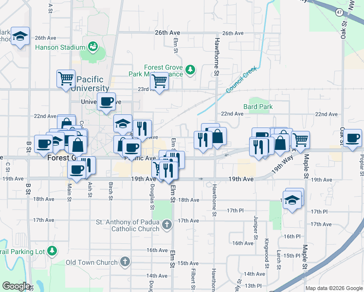 map of restaurants, bars, coffee shops, grocery stores, and more near 2528 21st Avenue in Forest Grove