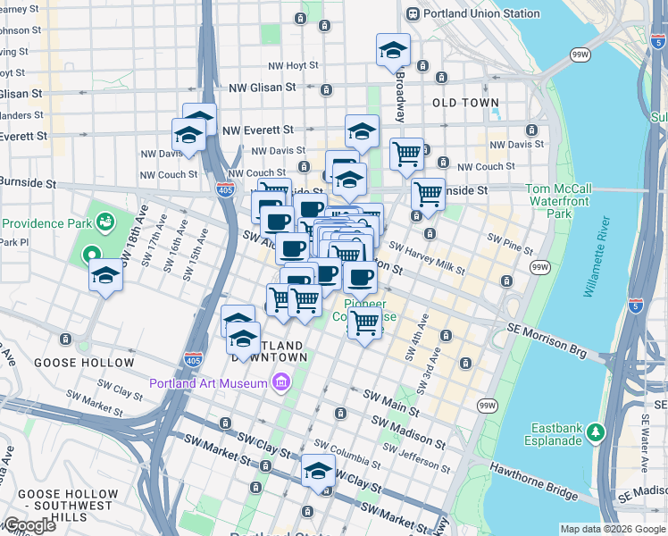 map of restaurants, bars, coffee shops, grocery stores, and more near SW Alder St & SW 9th Ave in Portland