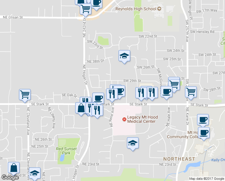 map of restaurants, bars, coffee shops, grocery stores, and more near 2232 Southwest Tower Lane in Troutdale