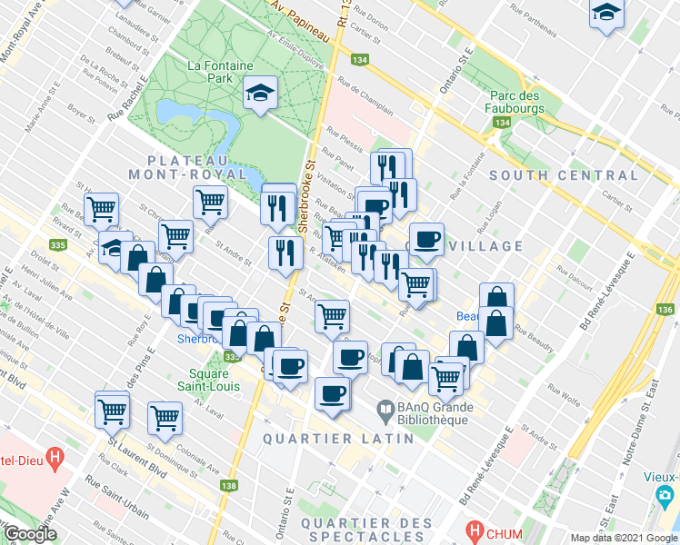 map of restaurants, bars, coffee shops, grocery stores, and more near 2066 Rue Atateken in Montréal