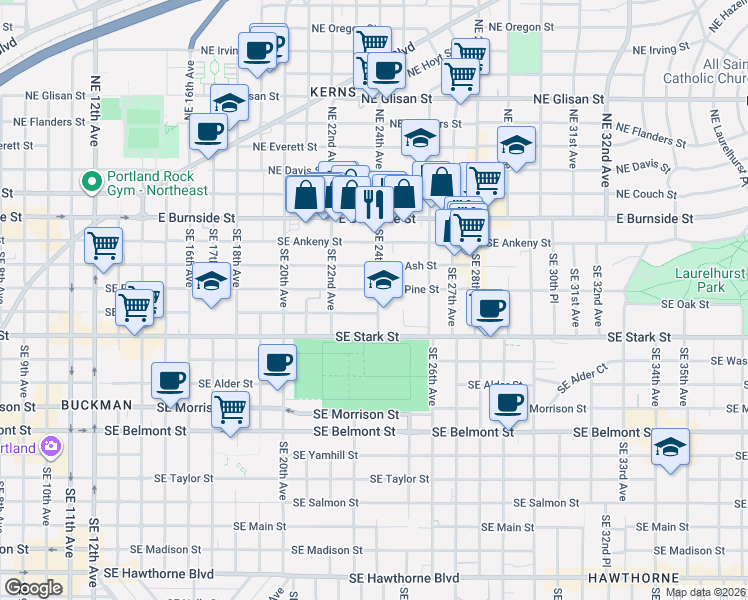 map of restaurants, bars, coffee shops, grocery stores, and more near 317 Southeast 24th Avenue in Portland