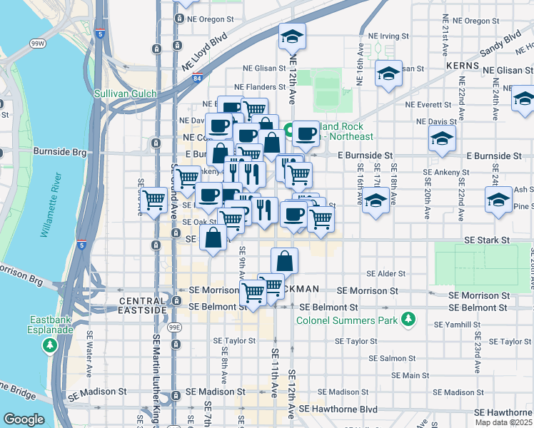 map of restaurants, bars, coffee shops, grocery stores, and more near 301 Southeast 11th Avenue in Portland