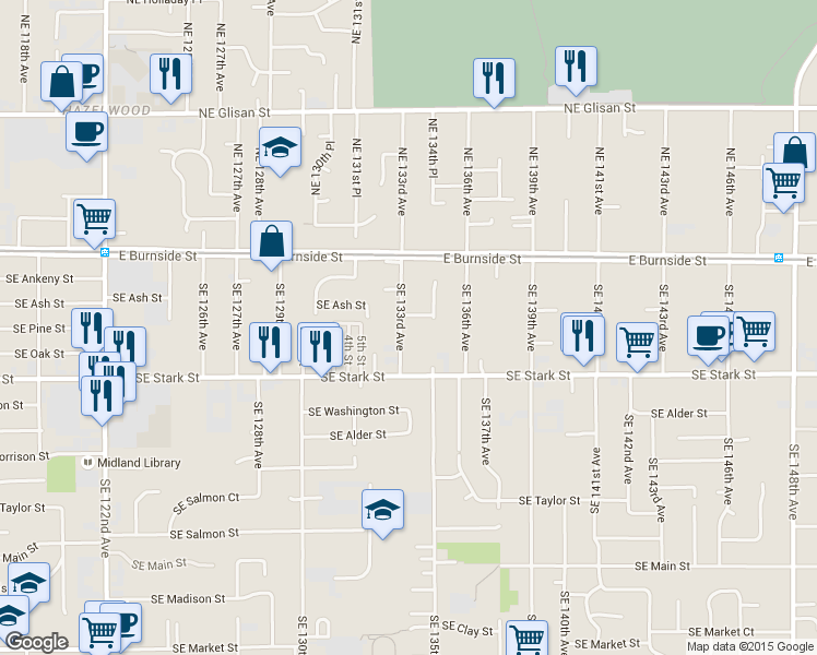 map of restaurants, bars, coffee shops, grocery stores, and more near 304 SE 133rd Ave in Portland