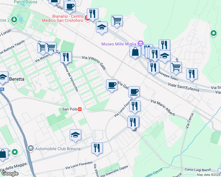 map of restaurants, bars, coffee shops, grocery stores, and more near 105 Via Antonio Allegri in Brescia