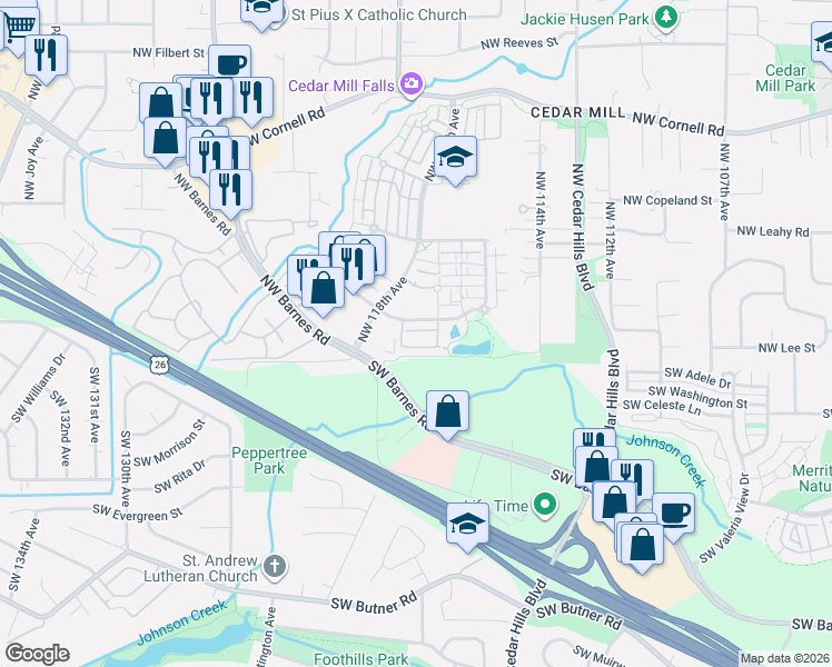 map of restaurants, bars, coffee shops, grocery stores, and more near 217 Northwest 117th Loop in Portland