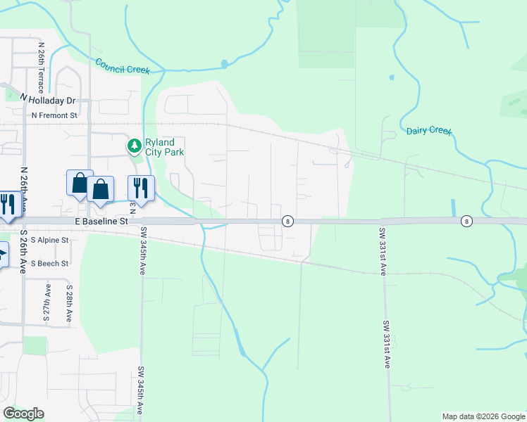 map of restaurants, bars, coffee shops, grocery stores, and more near 33845 Southwest Baseline Street in Hillsboro