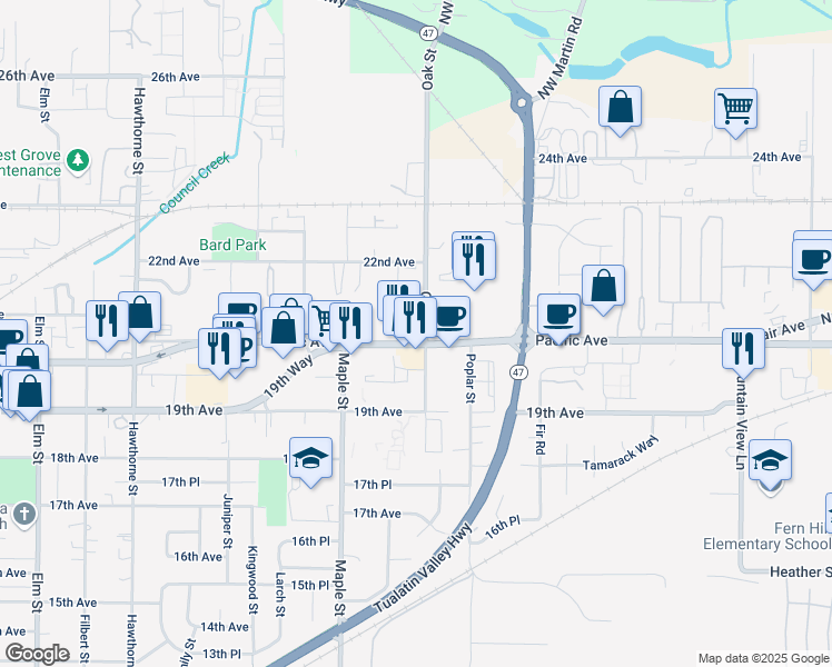 map of restaurants, bars, coffee shops, grocery stores, and more near 3331 Pacific Avenue in Forest Grove