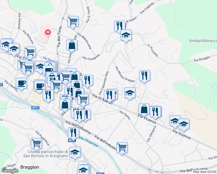 map of restaurants, bars, coffee shops, grocery stores, and more near 9 Via Francesco Crispi in Arzignano