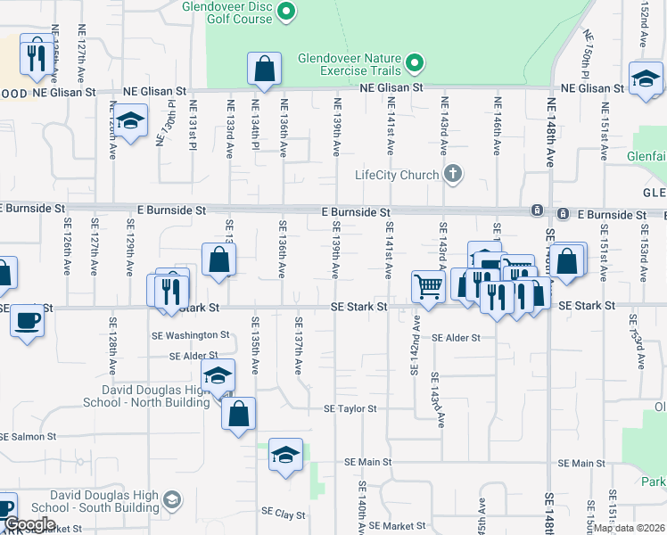 map of restaurants, bars, coffee shops, grocery stores, and more near 305 Southeast 139th Avenue in Portland
