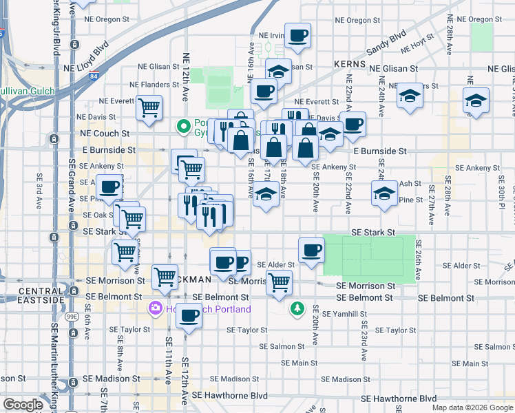 map of restaurants, bars, coffee shops, grocery stores, and more near 320 Southeast 16th Avenue in Portland
