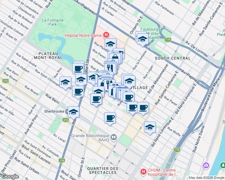map of restaurants, bars, coffee shops, grocery stores, and more near 1893 Rue Wolfe in Montréal