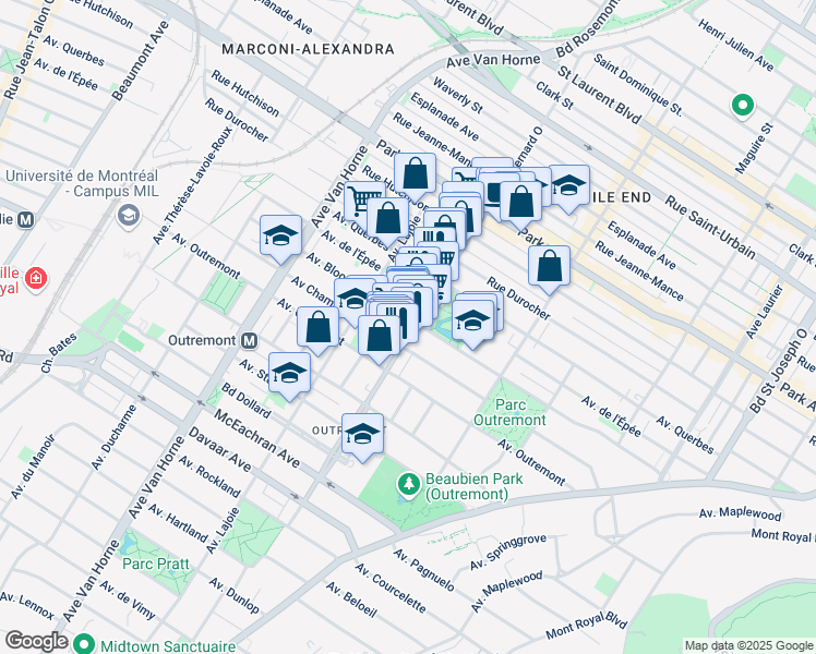 map of restaurants, bars, coffee shops, grocery stores, and more near 1209 Rue Bernard Ouest in Montréal