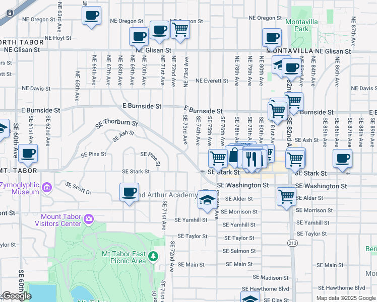 map of restaurants, bars, coffee shops, grocery stores, and more near 222 Southeast 73rd Avenue in Portland