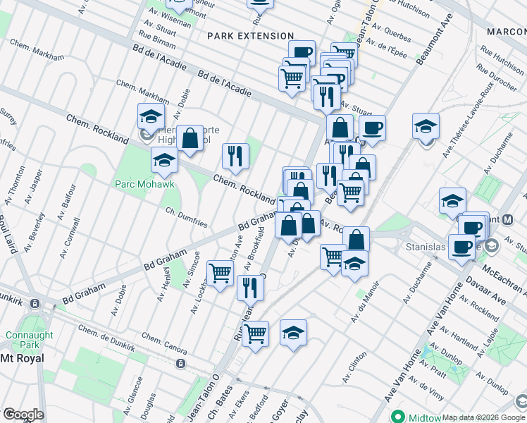 map of restaurants, bars, coffee shops, grocery stores, and more near 345 Boulevard Graham in Mont-Royal