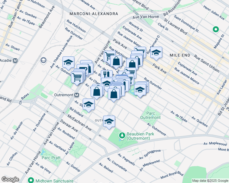 map of restaurants, bars, coffee shops, grocery stores, and more near 645 Avenue Champagneur in Montréal