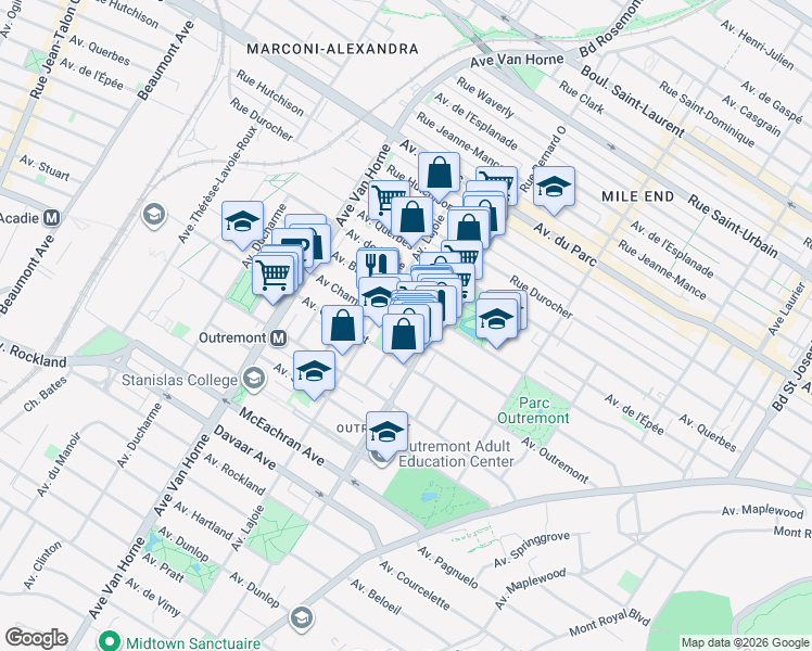 map of restaurants, bars, coffee shops, grocery stores, and more near 645 Avenue Champagneur in Montréal