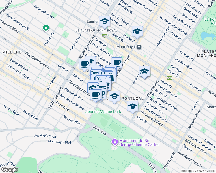 map of restaurants, bars, coffee shops, grocery stores, and more near 19 Avenue du Mont-Royal Est in Montréal