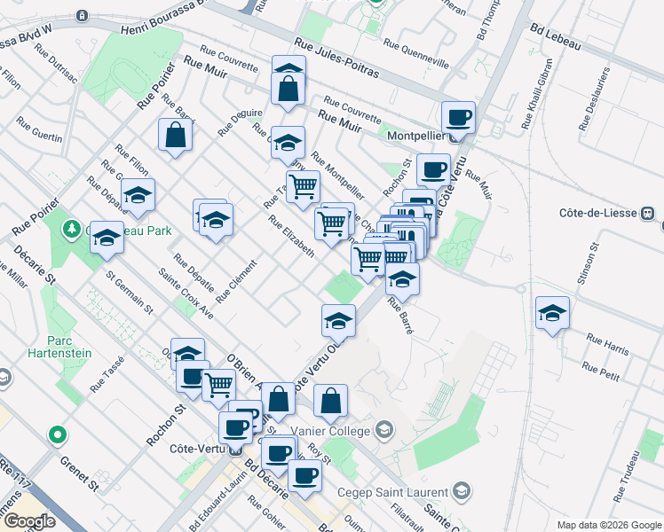 map of restaurants, bars, coffee shops, grocery stores, and more near 1185 Rue Elizabeth in Montréal