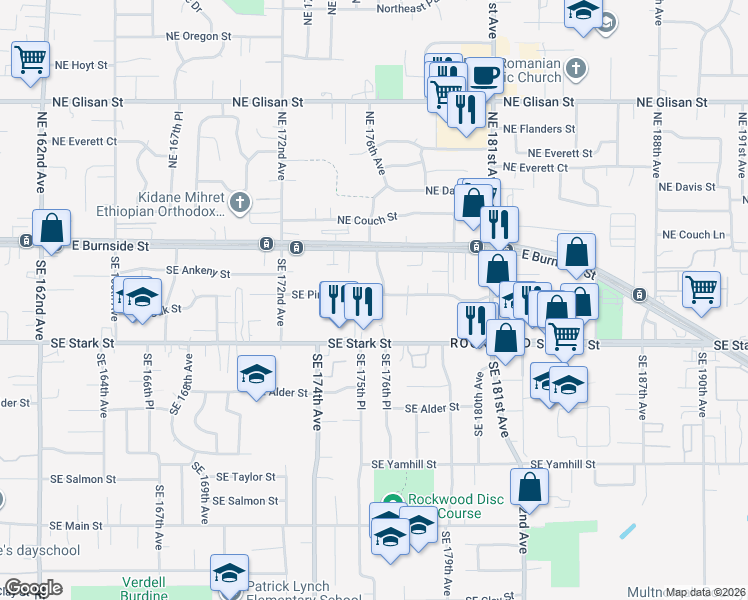 map of restaurants, bars, coffee shops, grocery stores, and more near 17602 Southeast Pine Street in Portland