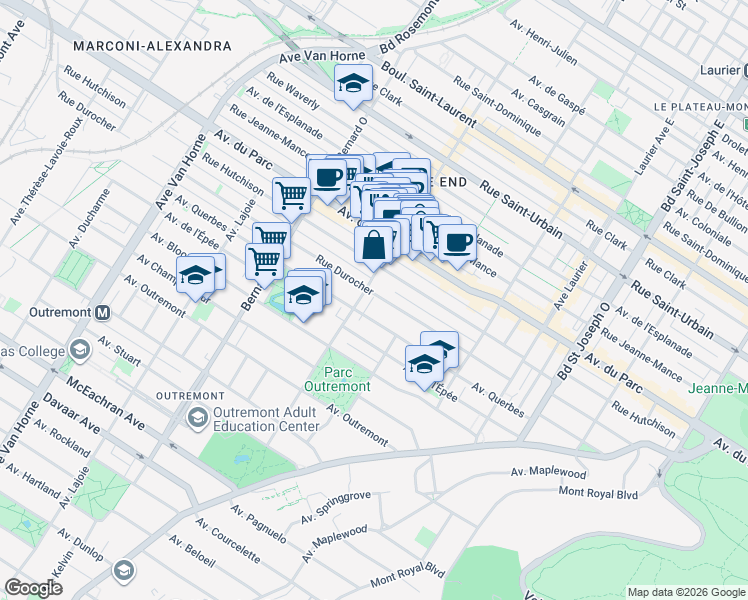 map of restaurants, bars, coffee shops, grocery stores, and more near 5510 Avenue Durocher in Montréal