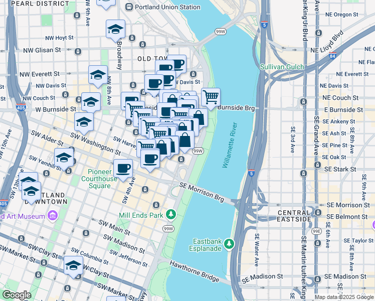 map of restaurants, bars, coffee shops, grocery stores, and more near 71 Southwest Oak Street in Portland