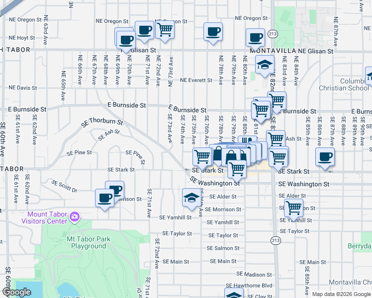 map of restaurants, bars, coffee shops, grocery stores, and more near 7413 Southeast Pine Street in Portland