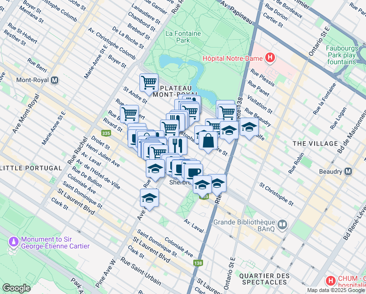map of restaurants, bars, coffee shops, grocery stores, and more near 3736 Rue Saint-Hubert in Montréal