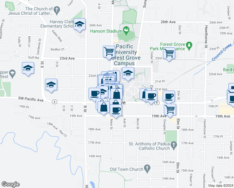 map of restaurants, bars, coffee shops, grocery stores, and more near 2032 College Way in Forest Grove