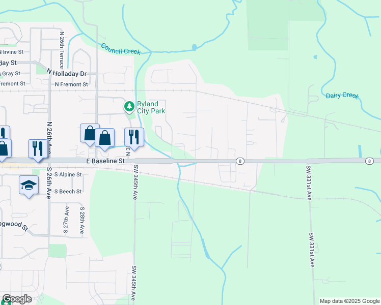 map of restaurants, bars, coffee shops, grocery stores, and more near 75 Northwest 341st Avenue in Hillsboro