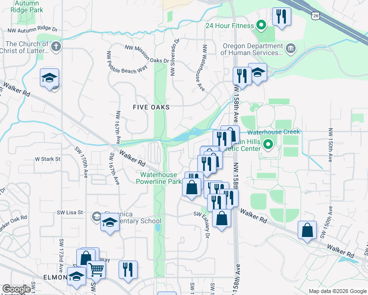 map of restaurants, bars, coffee shops, grocery stores, and more near 16201 Northwest Schendel Avenue in Beaverton