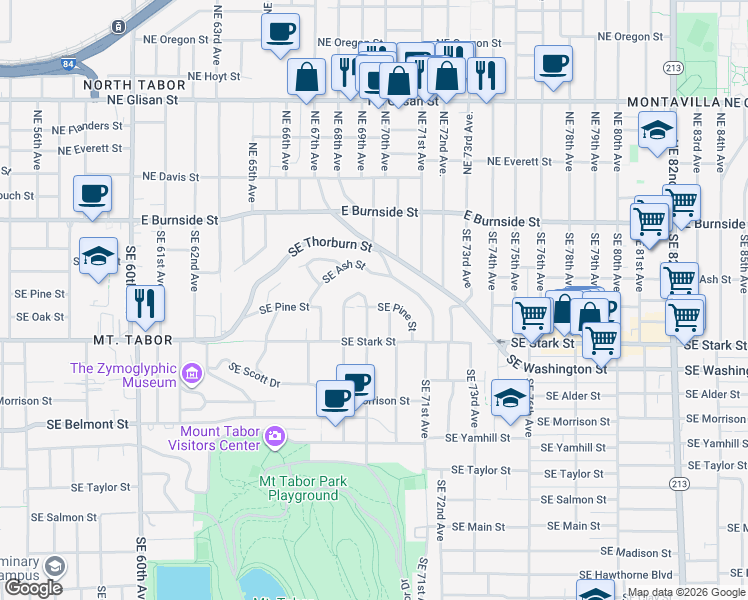 map of restaurants, bars, coffee shops, grocery stores, and more near 6875 Southeast Pine Court in Portland