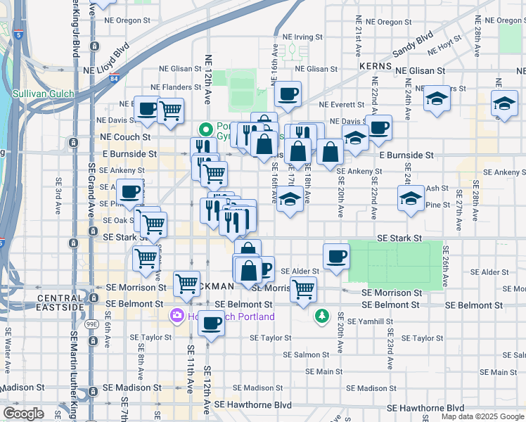 map of restaurants, bars, coffee shops, grocery stores, and more near 314 Southeast 15th Avenue in Portland