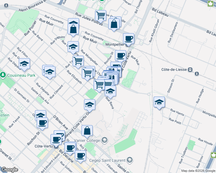map of restaurants, bars, coffee shops, grocery stores, and more near 757 Boulevard de la Côte Vertu in Montréal