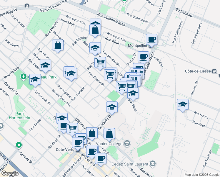 map of restaurants, bars, coffee shops, grocery stores, and more near 1185 Rue Elizabeth in Montréal