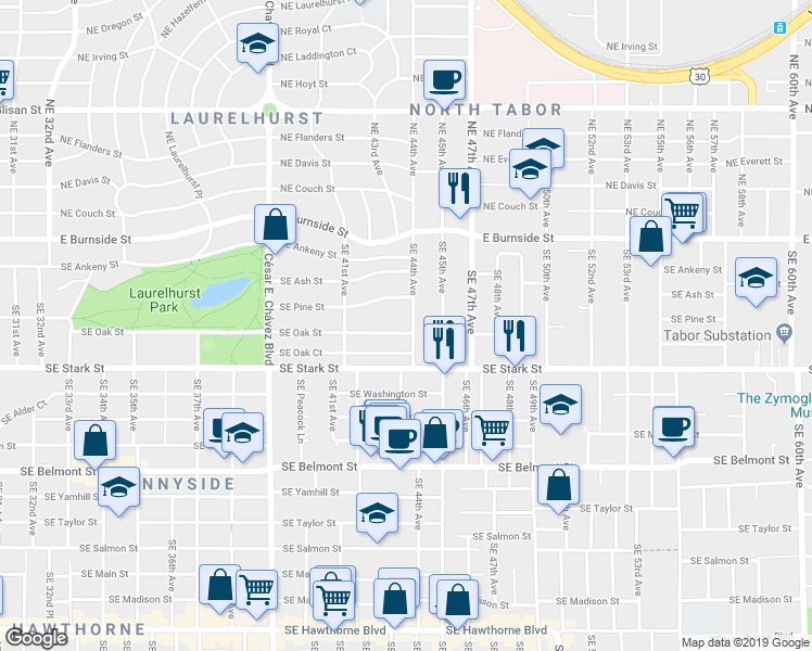 map of restaurants, bars, coffee shops, grocery stores, and more near 4329 Southeast Oak Street in Portland