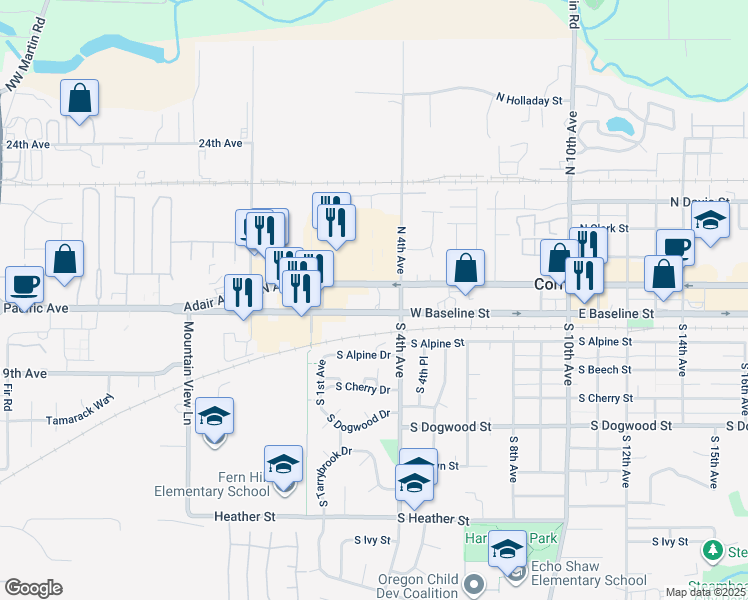 map of restaurants, bars, coffee shops, grocery stores, and more near 316 West Baseline Street in Cornelius