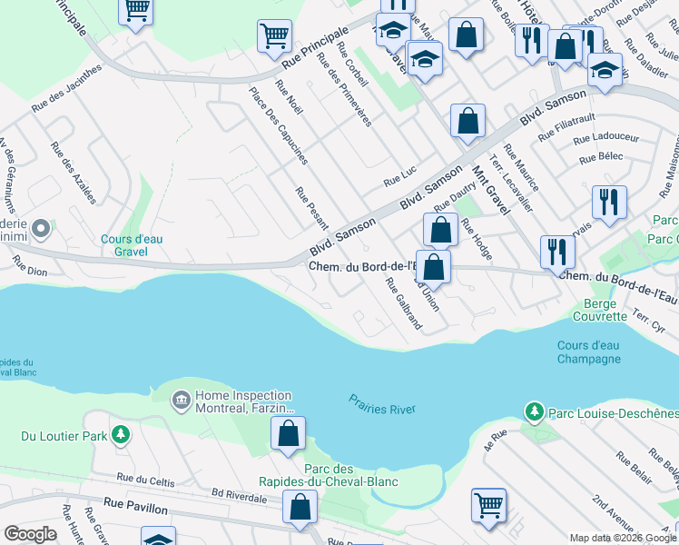map of restaurants, bars, coffee shops, grocery stores, and more near 808 Chemin du Bord-de-l'Eau in Laval
