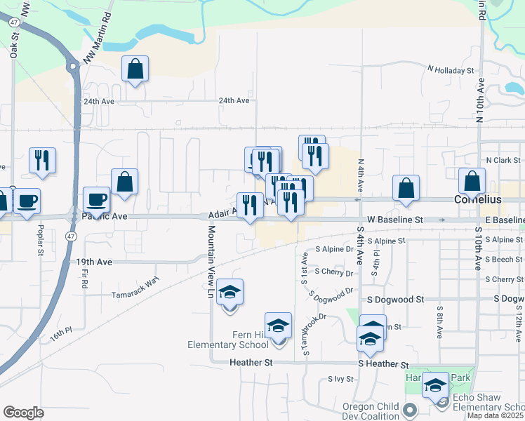 map of restaurants, bars, coffee shops, grocery stores, and more near 2001 Yew Street in Forest Grove