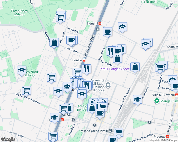 map of restaurants, bars, coffee shops, grocery stores, and more near 234 Viale Fulvio Testi in Milano