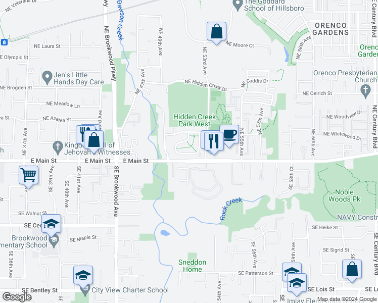 map of restaurants, bars, coffee shops, grocery stores, and more near 5175 Northeast Schoeler Circle in Hillsboro