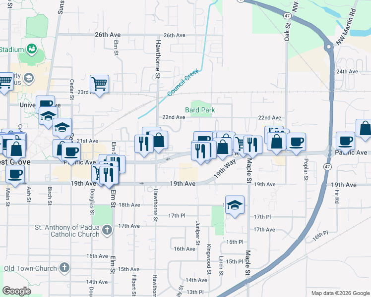 map of restaurants, bars, coffee shops, grocery stores, and more near 2813 Pacific Avenue in Forest Grove