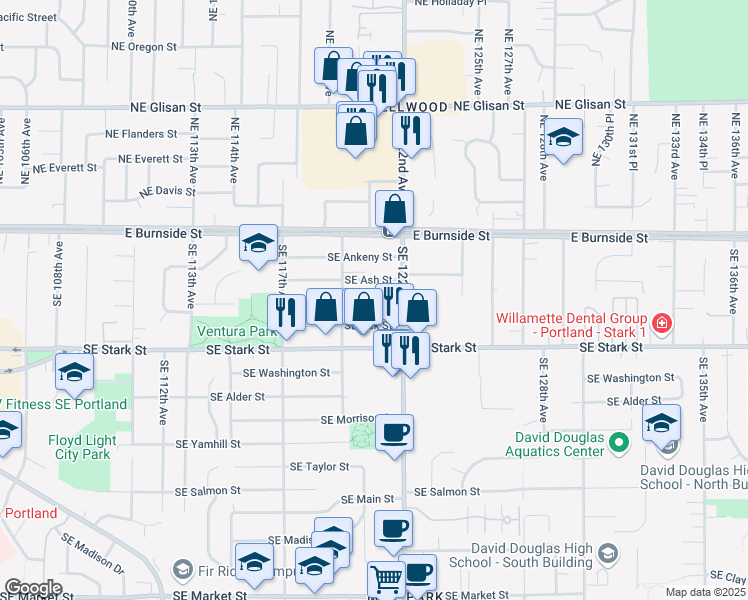 map of restaurants, bars, coffee shops, grocery stores, and more near 12025 Southeast Pine Street in Portland